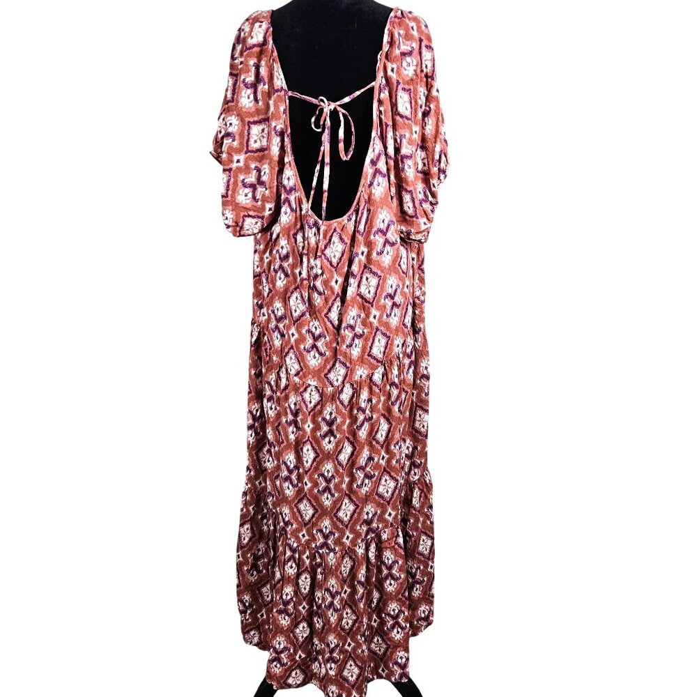 Knox Rose Womens 1X Puff Short Sleeve Tiered A-Line Dress Boho Rust & White - Picture 4 of 11